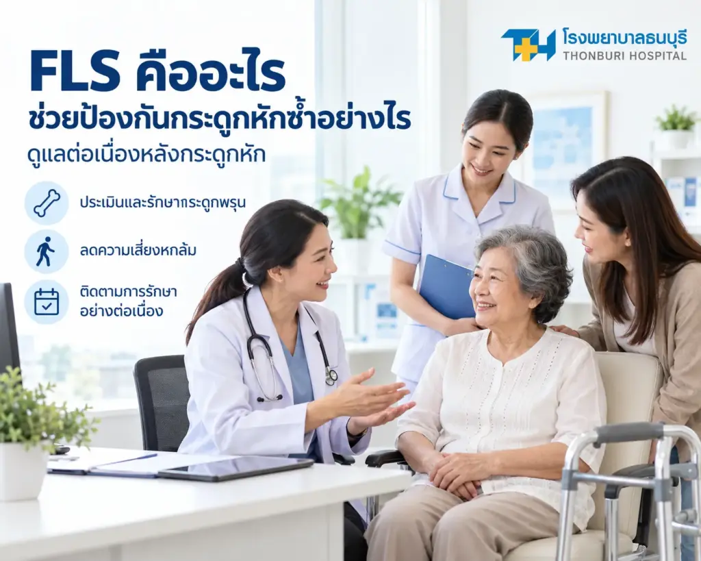 Fracture Liaison Service หรือ FLS คือระบบประสานการดูแลเพื่อป้องกันกระดูกหักซ้ำในผู้ที่กระดูกหักจากความเปราะบาง โดยเชื่อมการประเมินสุขภาพกระดูก การรักษา และการติดตามเข้าด้วยกัน FLS จึงไม่ใช่คำเรียกการผ่าตัดสะโพก และไม่ได้หมายความว่าการทำกายภาพอย่างเดียวครอบคลุมการป้องกันหักซ้ำแล้ว